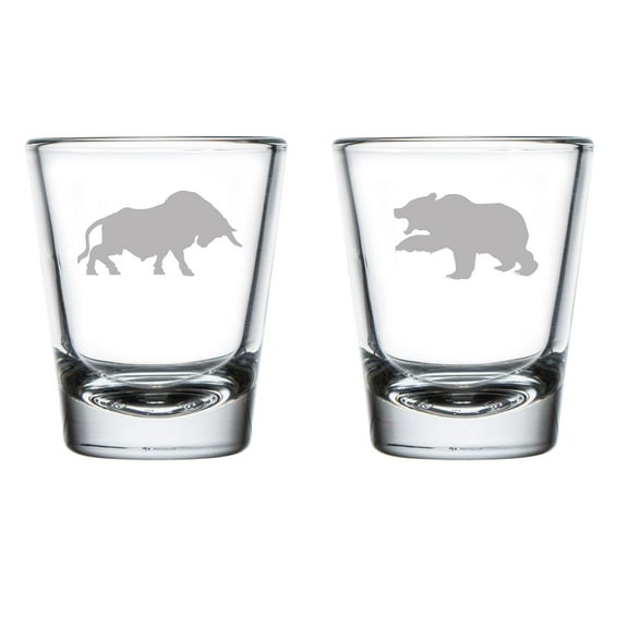 Set of 2 Shot Glasses 1.75oz Shot Glass Bull Bear Stock Market