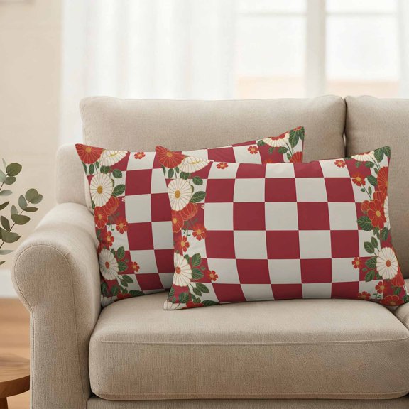 Retro Japanese Flowers Waterproof Throw Pillow Covers Set of 2 Classic Red White Plaid Outdoor Cushion Cover Pillow Protector Decorative Pillowcases for Bed Sofa Couch