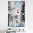 thumbnail image 1 of Winter Tapestry, Cartoon Image with Snowman and Colorful Umbreallas Between Buildings, Fabric Wall Hanging Decor for Bedroom Living Room Dorm, 5 Sizes, Multicolor, by Ambesonne, 1 of 1