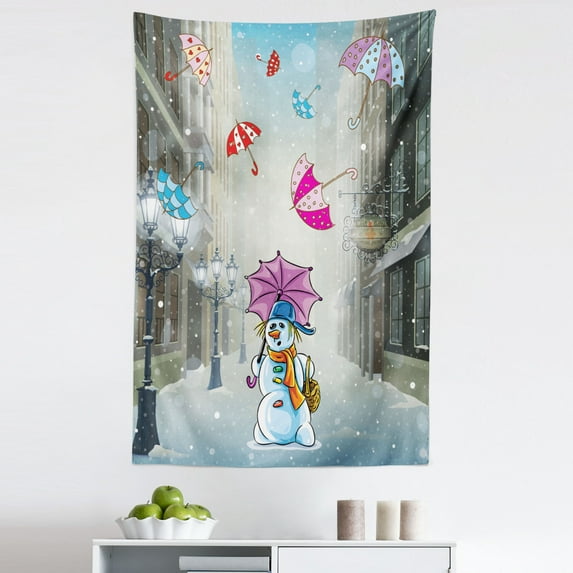 Winter Tapestry, Cartoon Image with Snowman and Colorful Umbreallas Between Buildings, Fabric Wall Hanging Decor for Bedroom Living Room Dorm, 5 Sizes, Multicolor, by Ambesonne