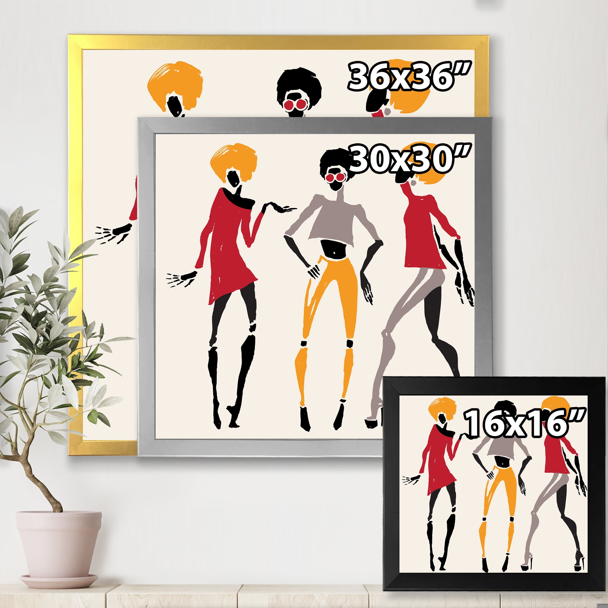 Designart 'African American Women Silhouettes Red and Yellow I' Modern Framed Art Print