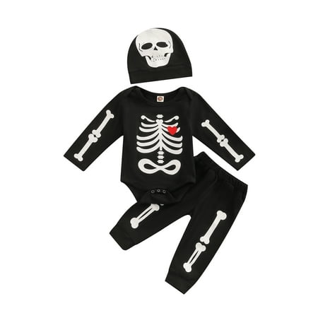 

0-24M Halloween Baby Boy Clothes Set Infant Newborn Girl Boy Skull Skeleton Print Romper Pants Hat Outfits