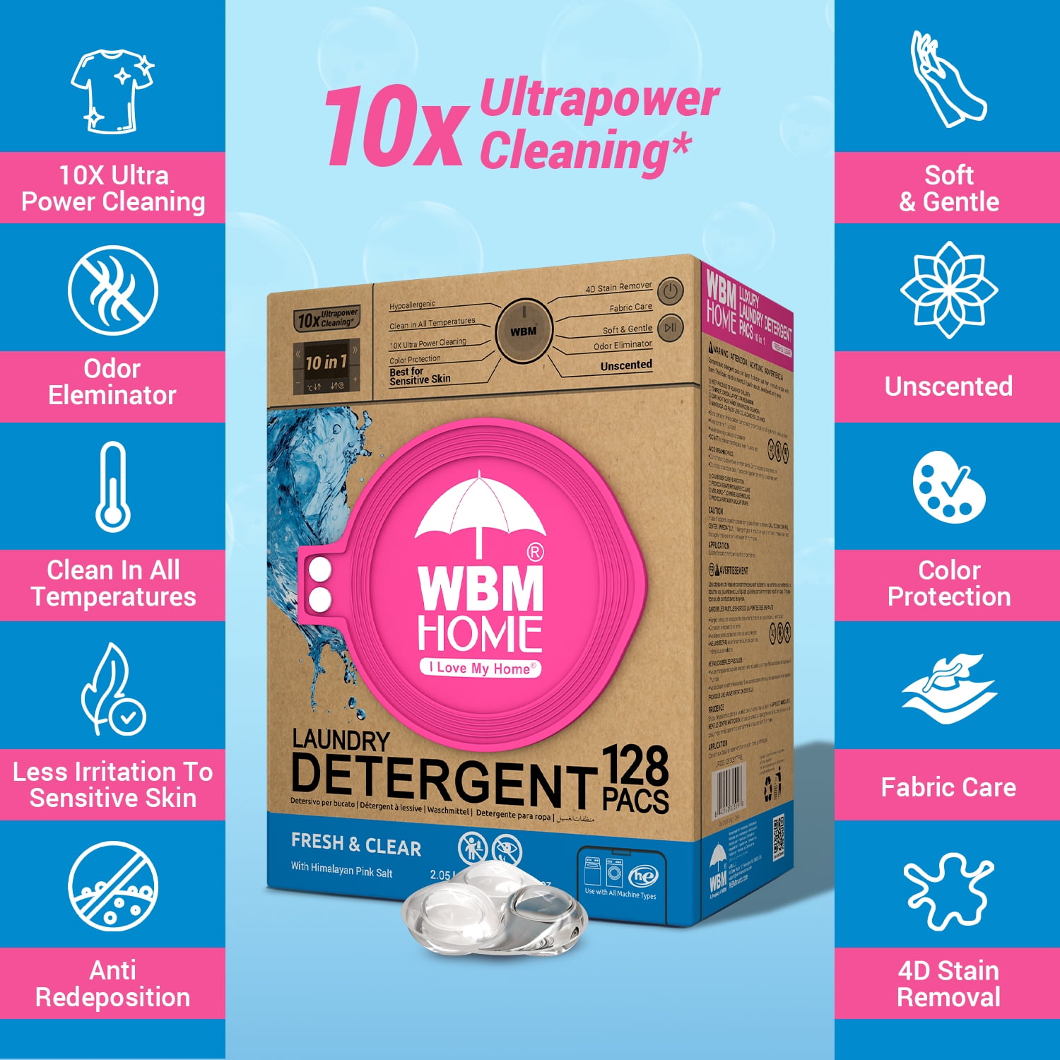 WBM Home Laundry Detergent Pods Fresh & Clear Unscented, 128 Count, 10x Cleaning Power, Color Protection