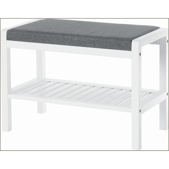 Shoe rack bench with cushion for entryway bedroom living room hallway garage mud room upholstered padded seat storage shelf gray and white holds up to 350 lb