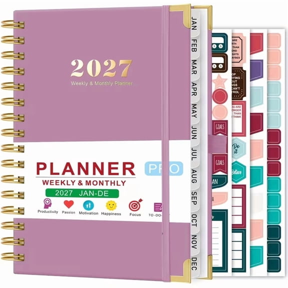 ROBCURSE A5 Daily & Monthly Planner 2027 (Jan - Dec 2027) - Hourly Schedule, 12 Monthly Tabs, 4 Planning Stickers - Unisex Agenda Notebook for School & Office Supplies