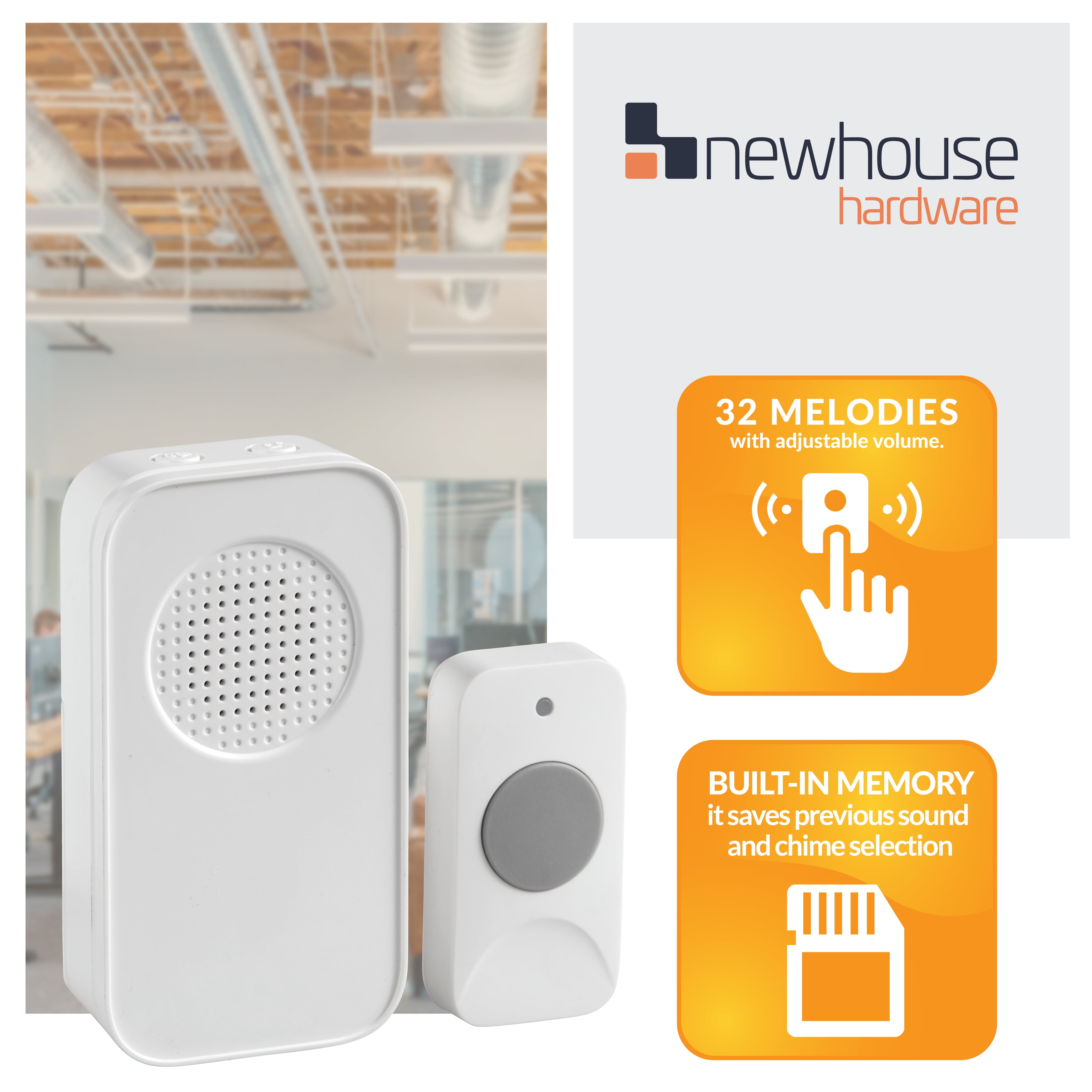 Newhouse Hardware WCMB Wireless Door Chime Kit with Remote, 250 ft. Operating Range, Push Button, 32 Chimes, Adjustable Volume, White