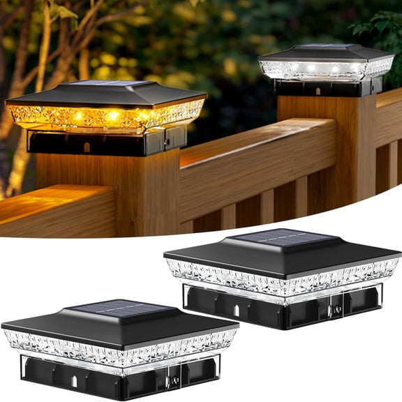 2 Pack Solar Post Cap Lights, 4x4 Outdoor Fence Lighting with 16 LED and 2 Modes, Waterproof Easy Install for Wood and Vinyl Posts, for Porch, Patio and Deck