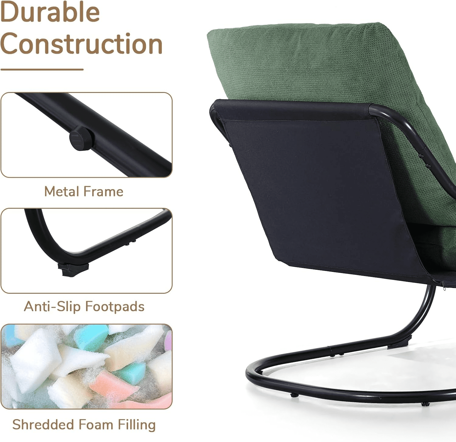 Gewnee Ergonomic Low Profile Accent Armchair, Heavy-Duty Metal Frame Upholstered Reading Side Chair, Space-Saving for Living Room Bedroom Office, Green