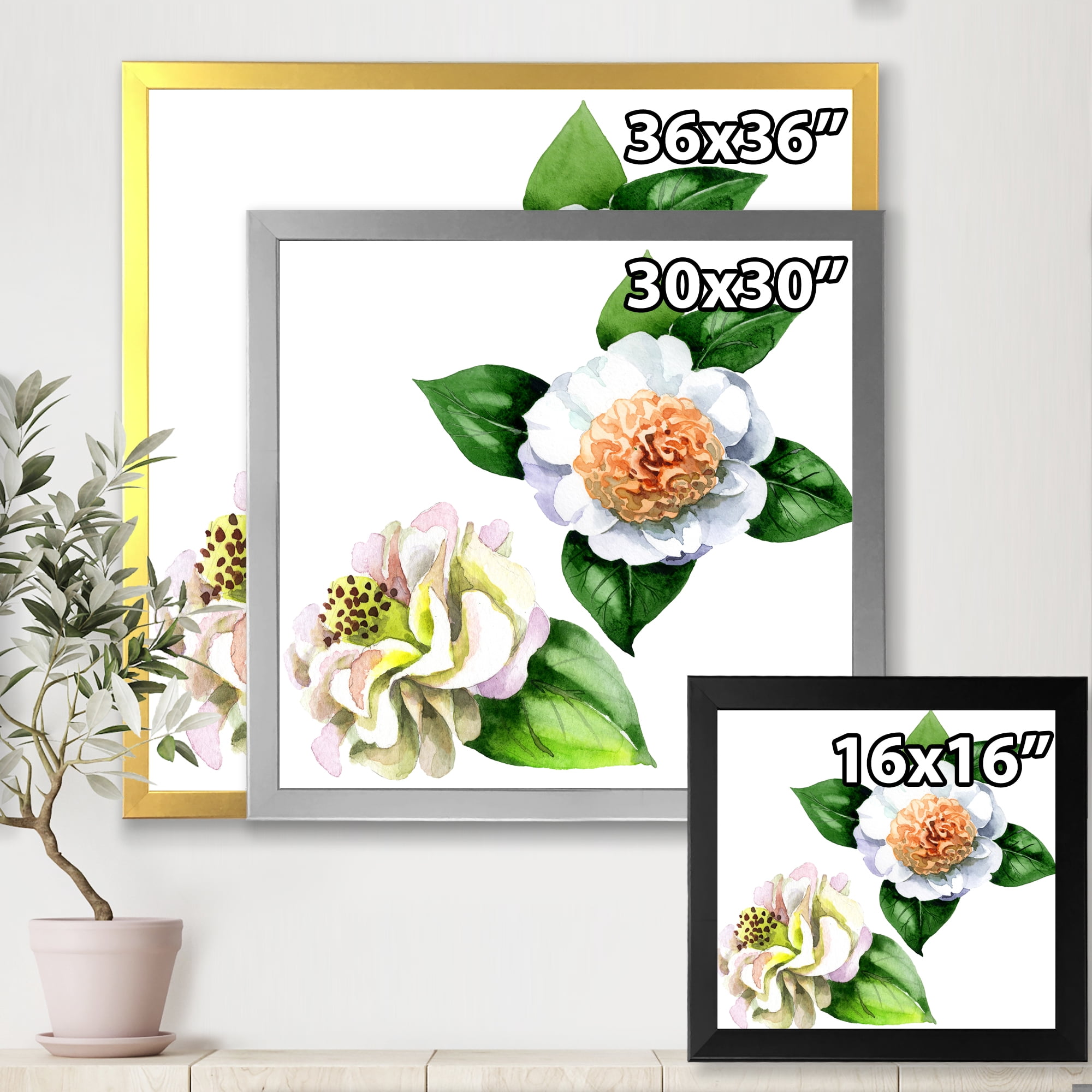Designart 'Ancient White Camellia Flowers With Green Leaves' Traditional Framed Art Print