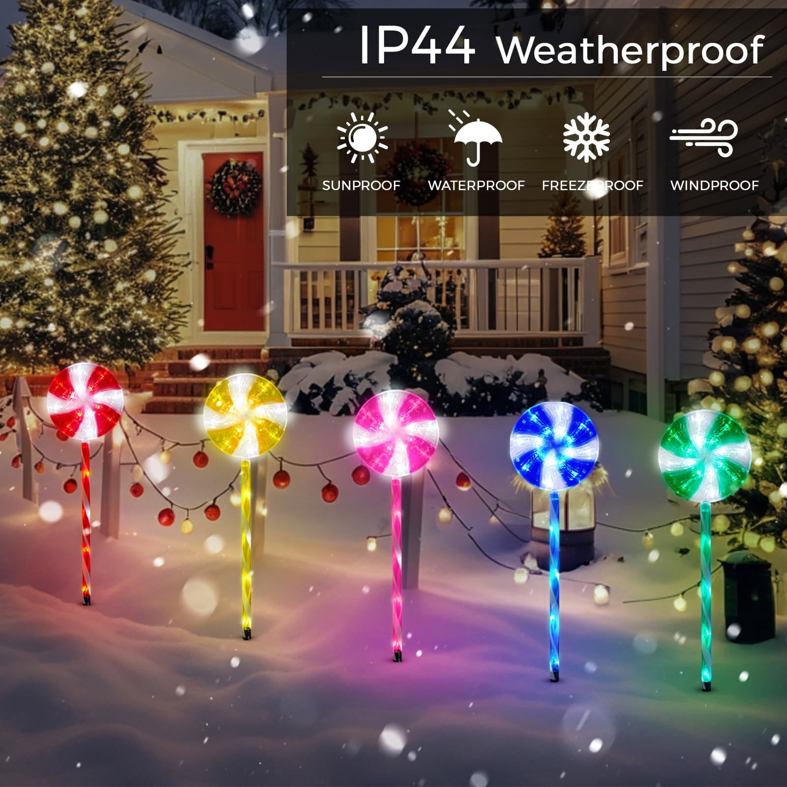 5 Pack Outdoor Christmas Decorations Solar Pathway Lights, Set of 5 Lollipops Stake Lights, 8 Modes Candy Cane Walkside Lights, Outdoor Xmas Decoration for Walkway,Yard