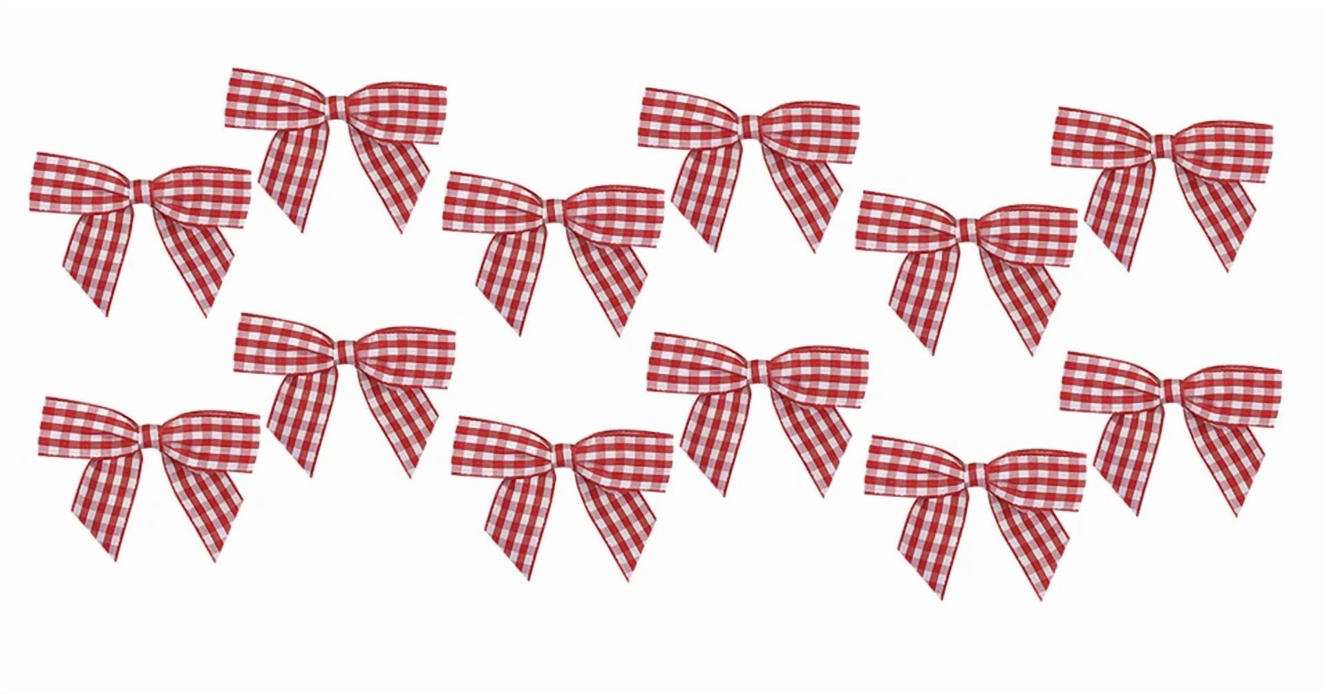 BUTTERFLY- Red & White Gingham Pre-Tied Bows - 3" Wide, Set Of 12, Buffalo Plaid, Christmas