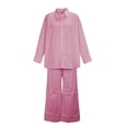 thumbnail image 6 of Cagogo Women's 2 Piece Long Sleeve Shirt Wide Leg Pants Set Casual Lounge Outfits Solid Collared Top Matching Lounge Set Airport Travel Clothes, Pink XL, 6 of 6