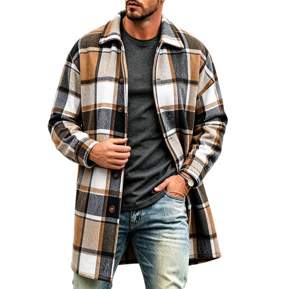 IUYRTFE Men's Long Sleeve Overcoat, Polycotton Loose Fit Plaid Collared Coat for Everyday Wear