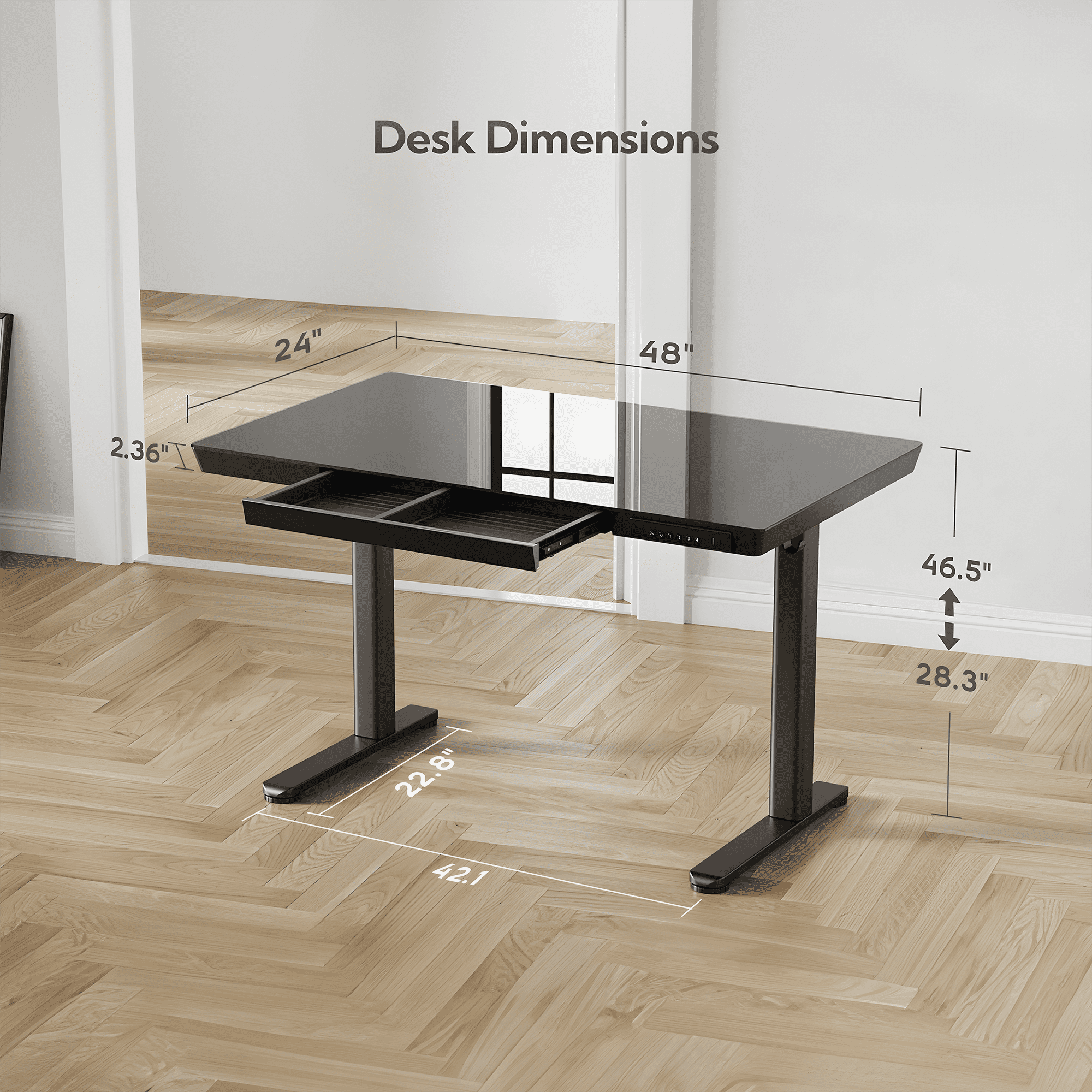 INNOVAR 48" Glass Top Standing Desk with 1 Drawer,Home Office Electric Sit to Stand up Tempered Glass Desk, Adjustable Height Rising Black Computer Work Desk with Power Outlet and USB Ports