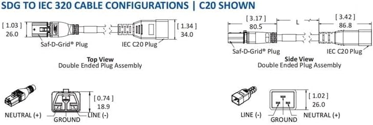 C20 to SAF-D-Grid T-Latch Power Cord, SAF-D-Grid T-Latch Plug to IEC 320 C20 SJT 16AWG,10ft/3m (C20 to Saf-D-Grid)