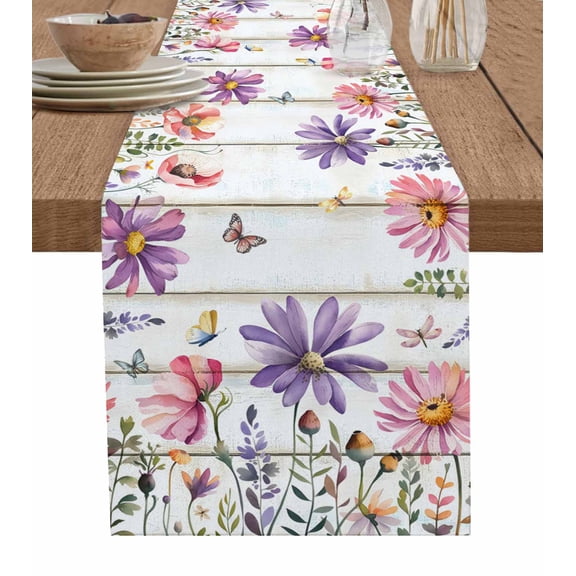 Botanical Flowers Table Runner 36 Inches, Farmhouse Botanical Floral Butterfly Bed Runner Dresser Scarves Tabletop for Indoor Outdoor Parties/Ceremony/Banquet, 13"x 36"