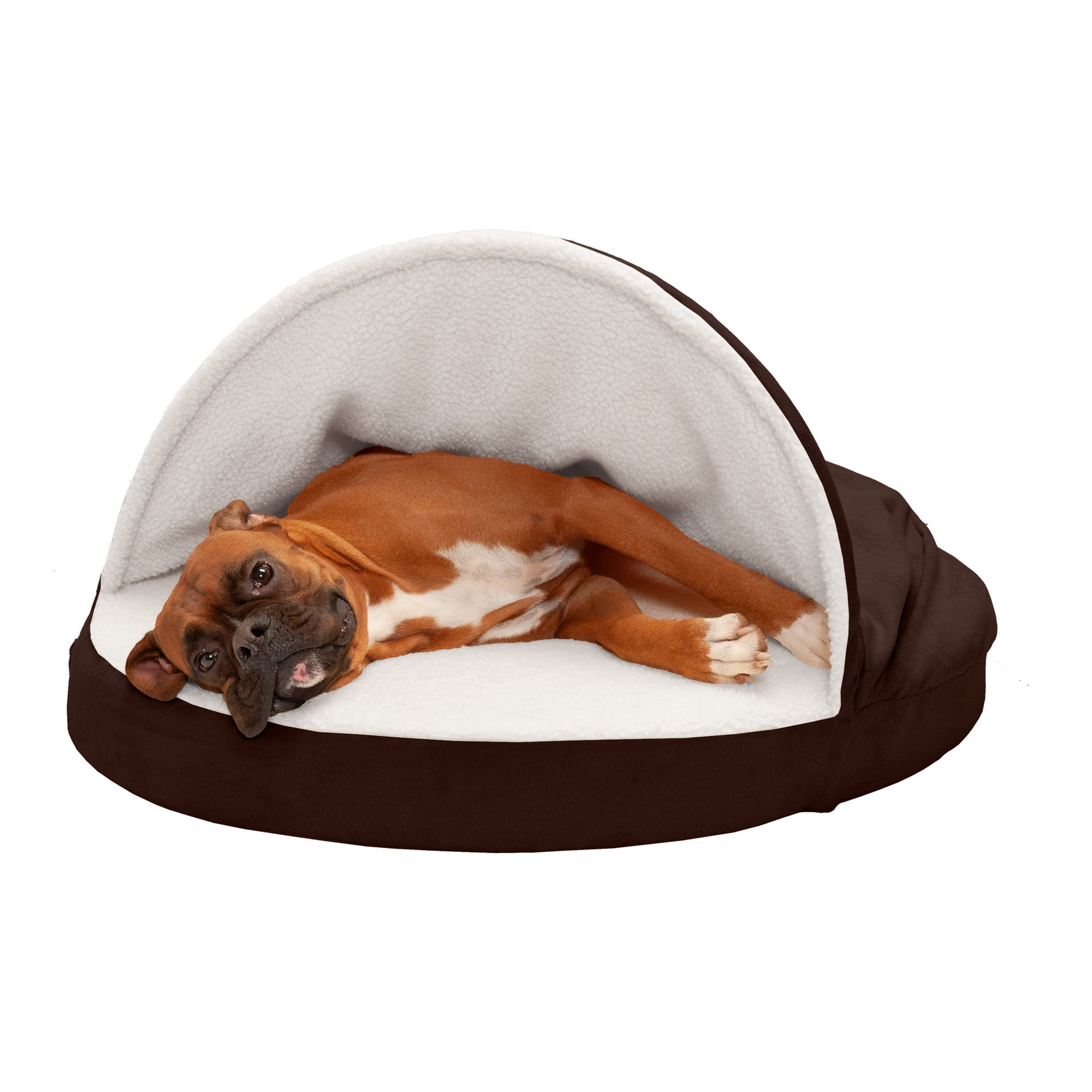 FurHaven Pet Dog Bed Memory Foam Round Faux Sheepskin Snuggery Burrow Pet Bed for Dogs & Cats