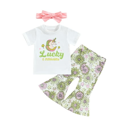

wybzd Toddler Baby Girl St Patricks Day Outfit Short Sleeve Crewneck T-Shirt Green Four-leaf Clover Bell Bottom Pants 3-4 Years