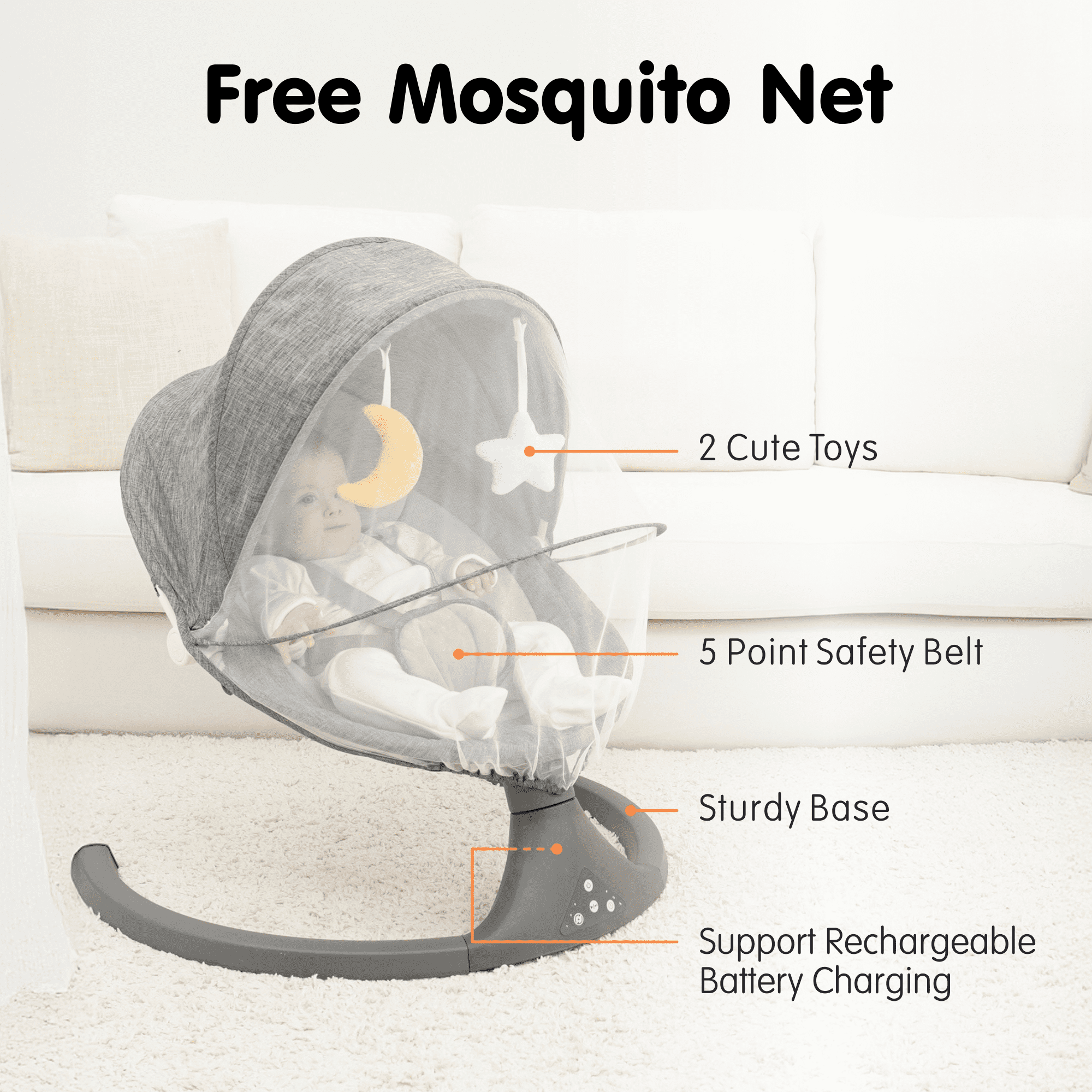 Aprpink 5 in 1 Large Baby Swing Bouncer with Rocking, Mosquito Net&Cute Toys Gray Striped for Toddler, 1 Count