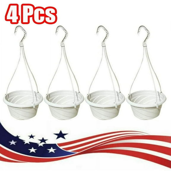 LEEYNEER 4 Pieces Plastic Hanging Flower Plant Pots Chain Basket Planter Holder Round Hanging Planter Containers for Outdoor Indoor Plants White (5.1”x 6”x 17”)