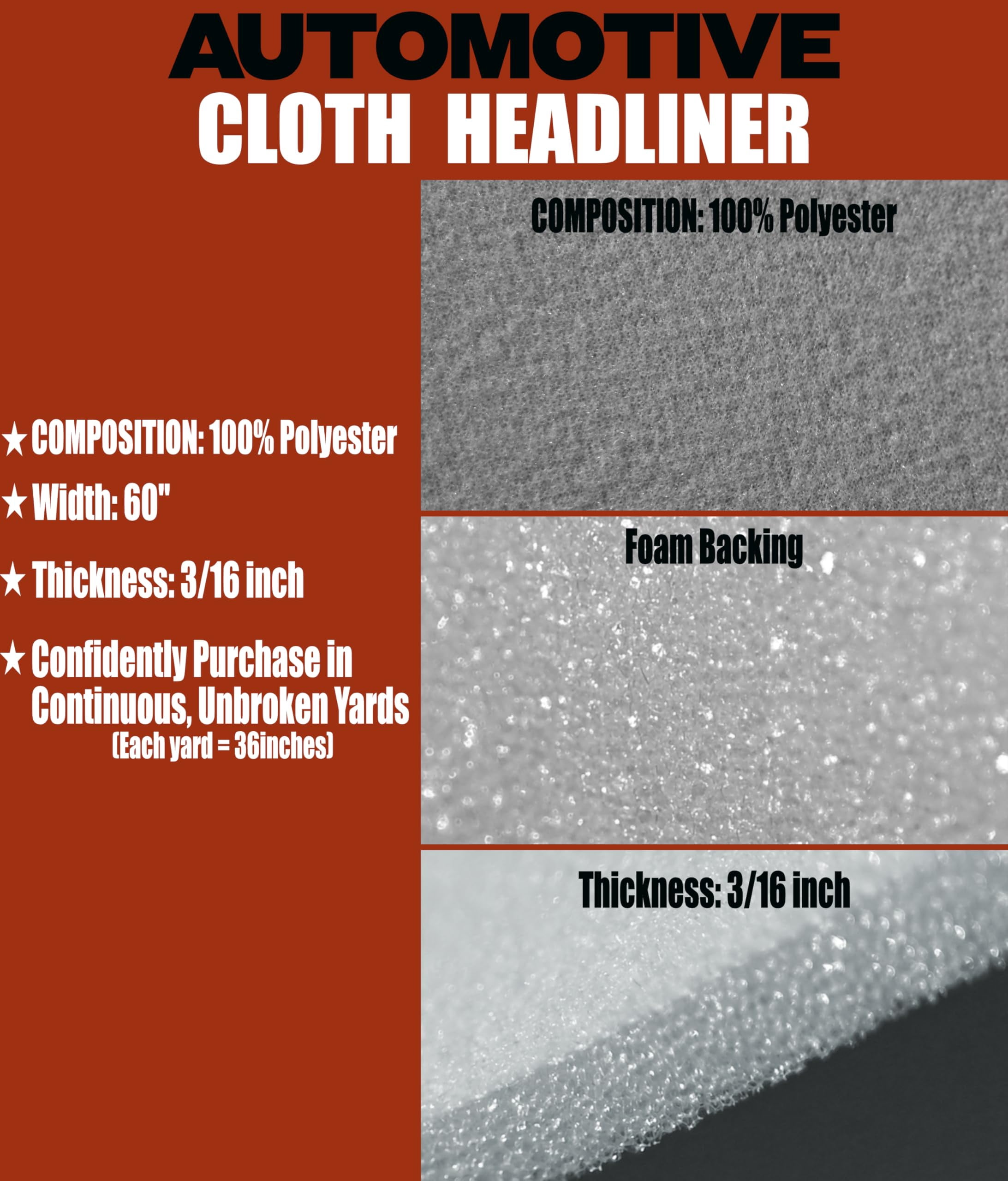 3/16" Cloth Foam Backed Fabric 60" Wide Automotive Headliner — OEM-Style Cloth | DIY headliner repair, heat resistant auto cloth, auto trim supplies, Ceiling liner| Sold by Continuous Yard (Charcoal)