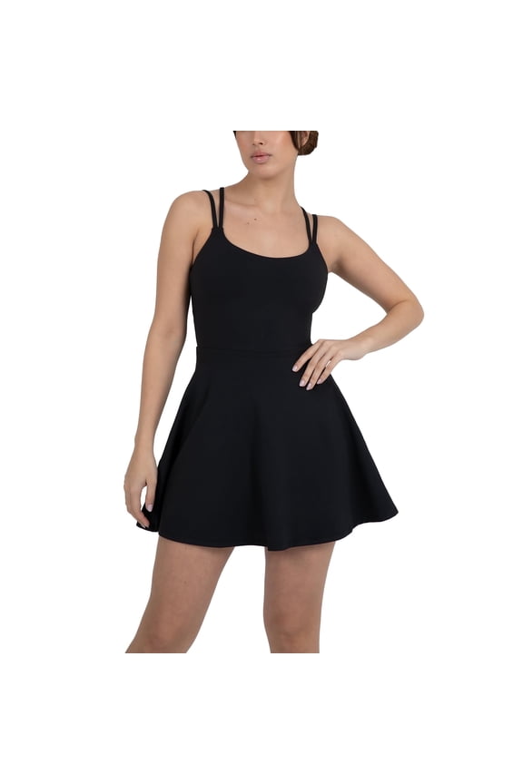 Active Women's UltraLuxe Strappy Tennis Dress with Built in Short, Athleisure, 4-Way-Stretch, Iconic Black, M