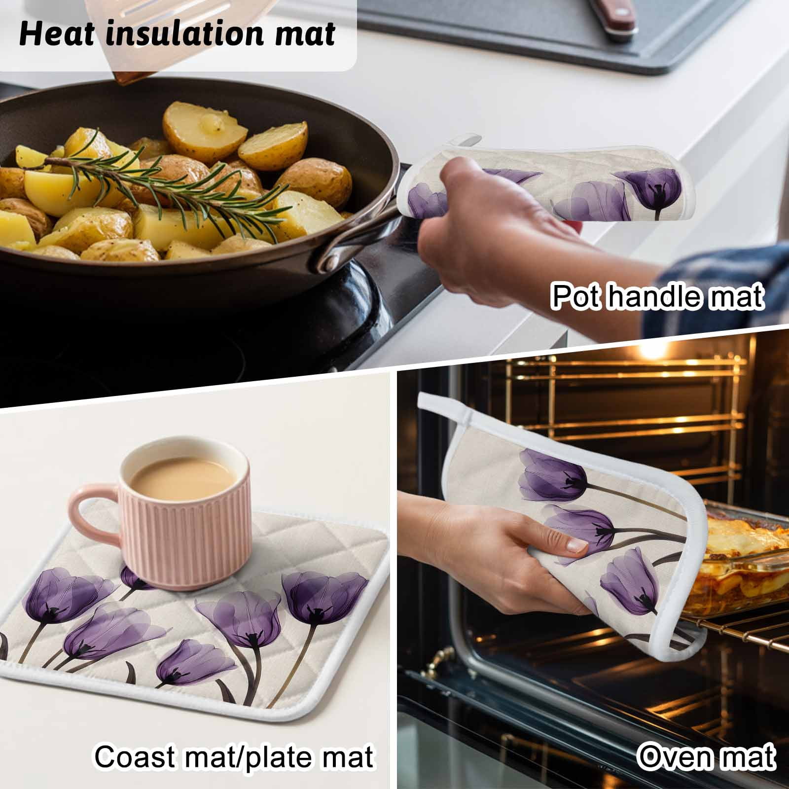 Purple Tulip Flower Pot Holders for Kitchen Heatproof Potholder, 2 Pack Aesthetics Farmhouse Floral Plant Hot Pads Multipurpose Oven Pads Cloth Potholders Trivet for Cooking and Baking