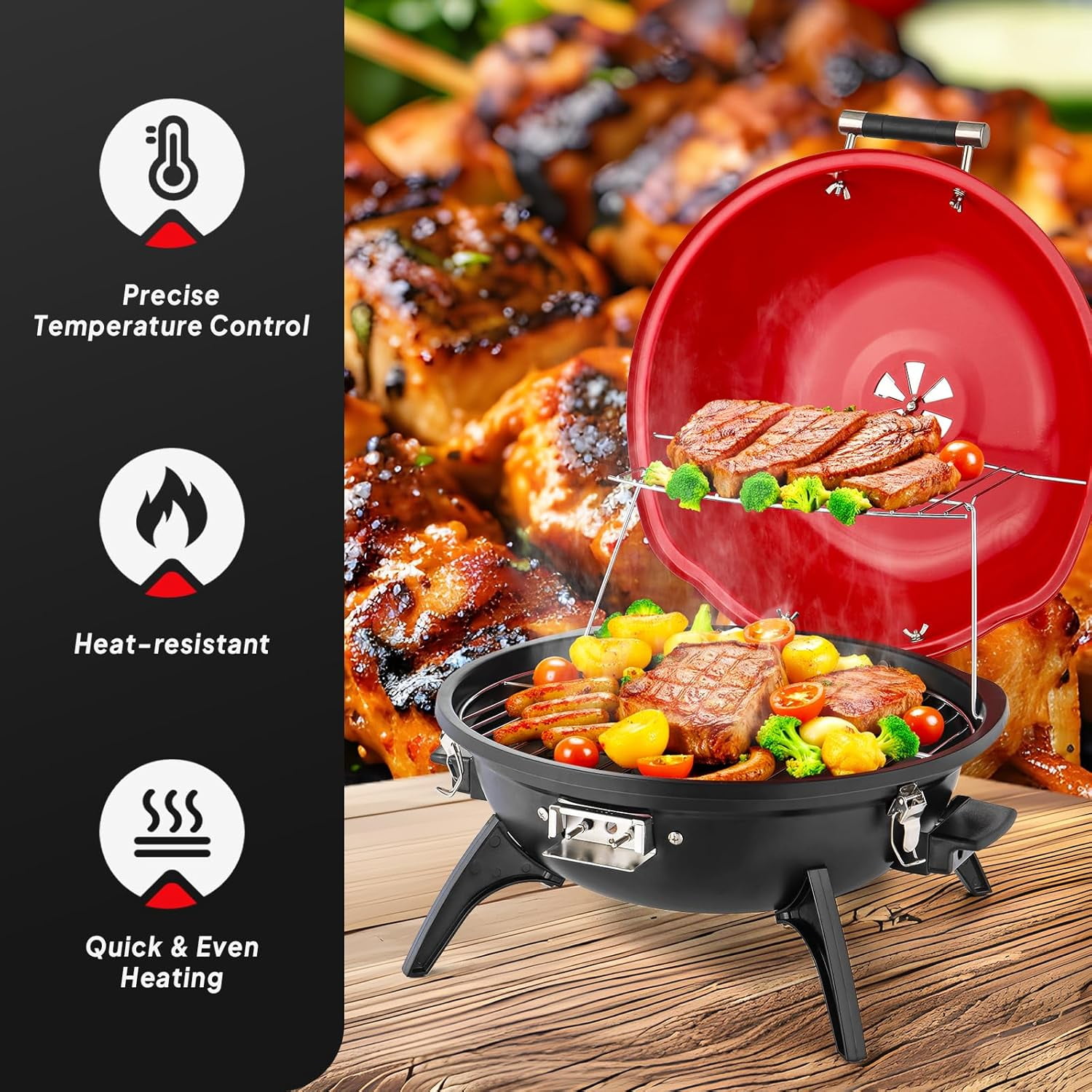 ROVSUN Tabletop Electric Grill with Temperature Control, Double Layer Design, 304 stainless, Portable Removable -Perfect Small Stove for Indoor and Outdoor BBQ, 1600W, Black