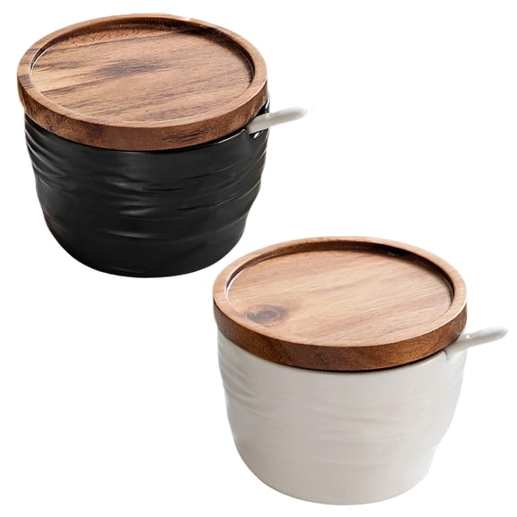 2 Pcs Ceramic Salt and Pepper Containers Set, Japanese-Style Spice Jar with Wooden Lid, Kitchen Spice Organizers and Storage, Dual Spoons, 8.5 oz Seasoning Container for Home, Restaurant