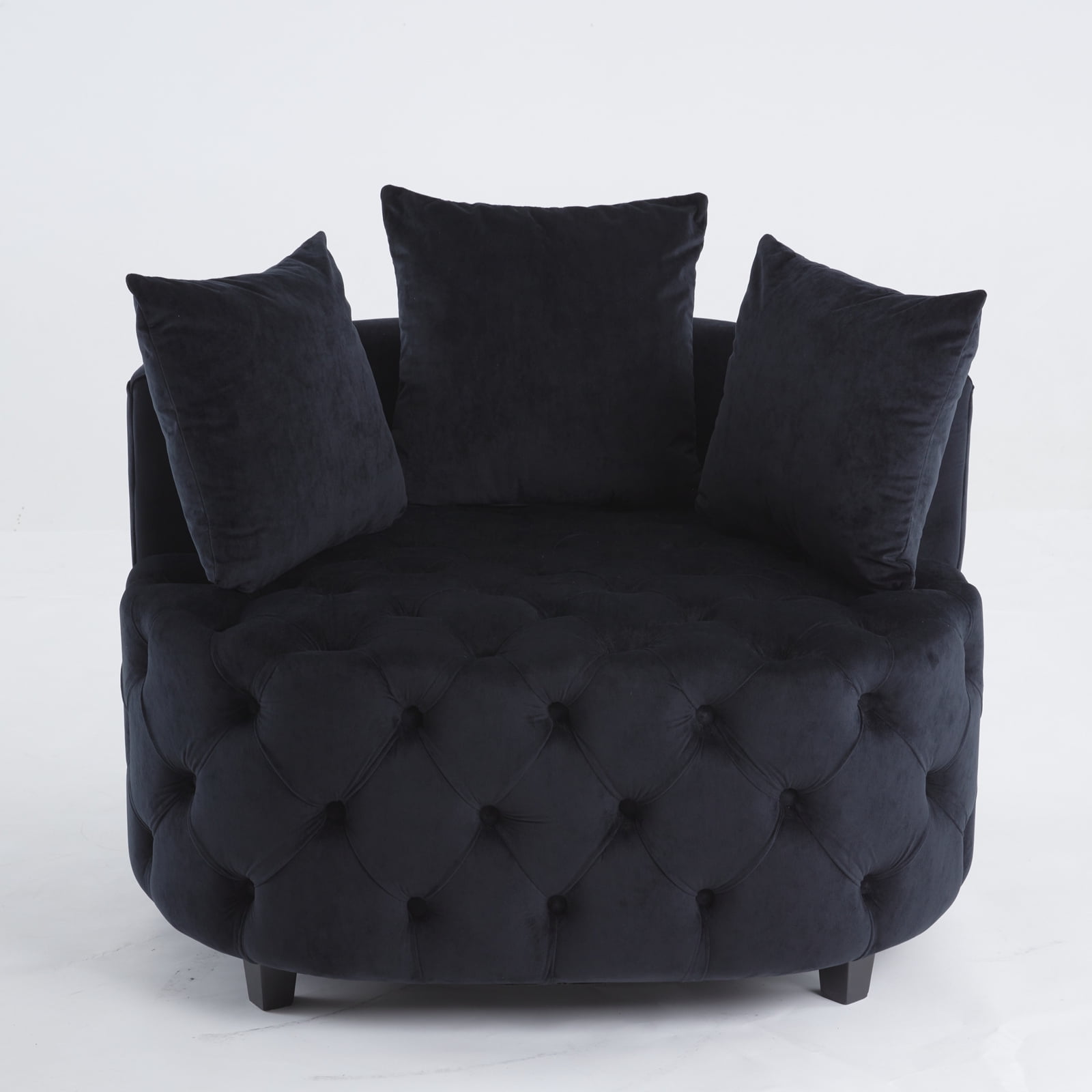 Yoneston Oversized Tufted Barrel Chair, Round Velvet Accent Chair with 3 Pillows, Comfy Lounge Sofa Chair for Living Room Bedroom Hotel Office, Black