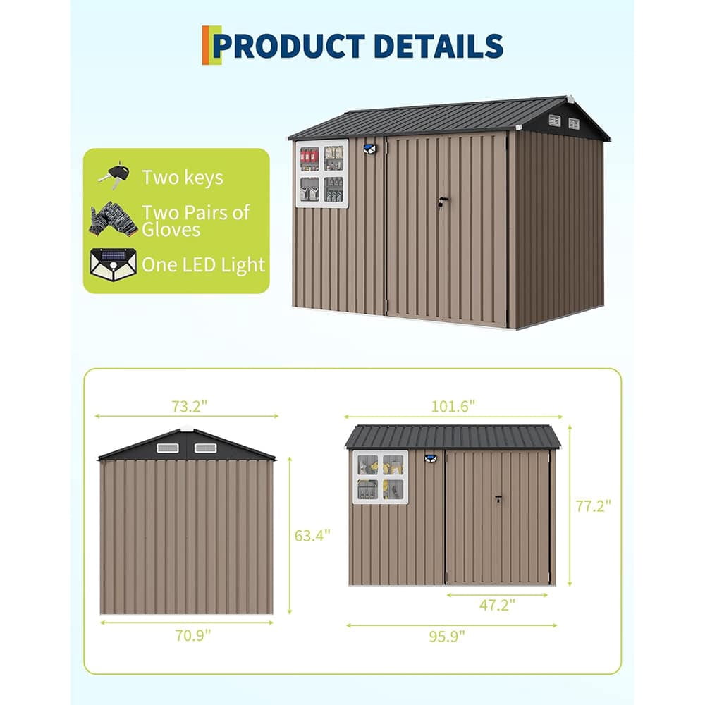 EastVita 8 x 6 ft Outdoor Metal Storage Shed with Windows and Lockable Doors Heavy-Duty Garden Tool Shed Brown