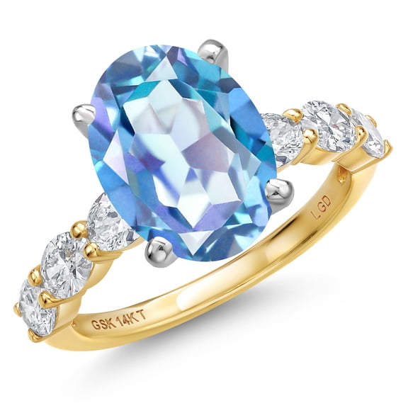 Gem Stone King 14K Two Tone Gold Millennium Blue Mystic Quartz and Lab Grown Diamond Engagement Ring for Women | 4.90 Cttw | Oval 12X10MM | Gemstone Birthstone | Size 9