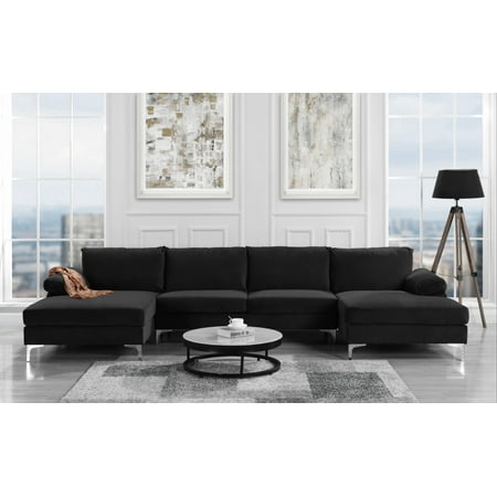 Modern Large Velvet U Shape Sectional With Double Chaise Lounge Extra Wide Black Modern Large Velvet U Shape Sectional With Double Chaise Lounge Extra Wide Black