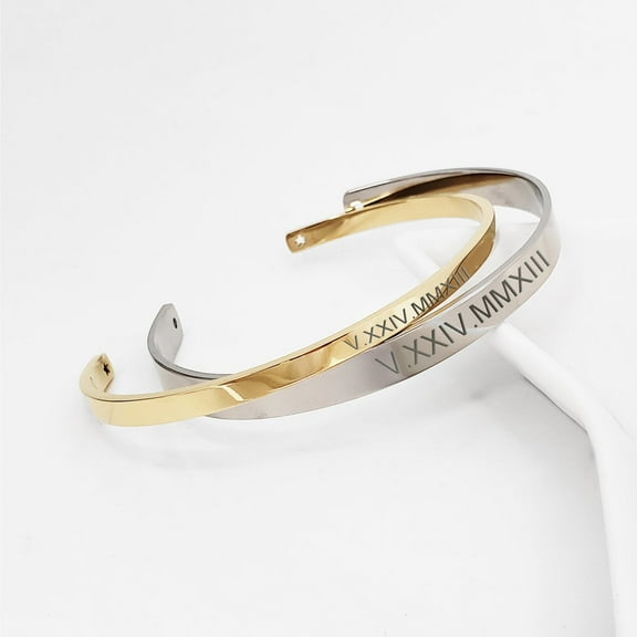 Personalized Father's Day Gift for Dad Couple's Gift for Him Matching His and Hers Set Roman Numerals Anniversary Date Engravable Cuff Bangle Bracelet with Gift Box [M-Silver |W-Gold]