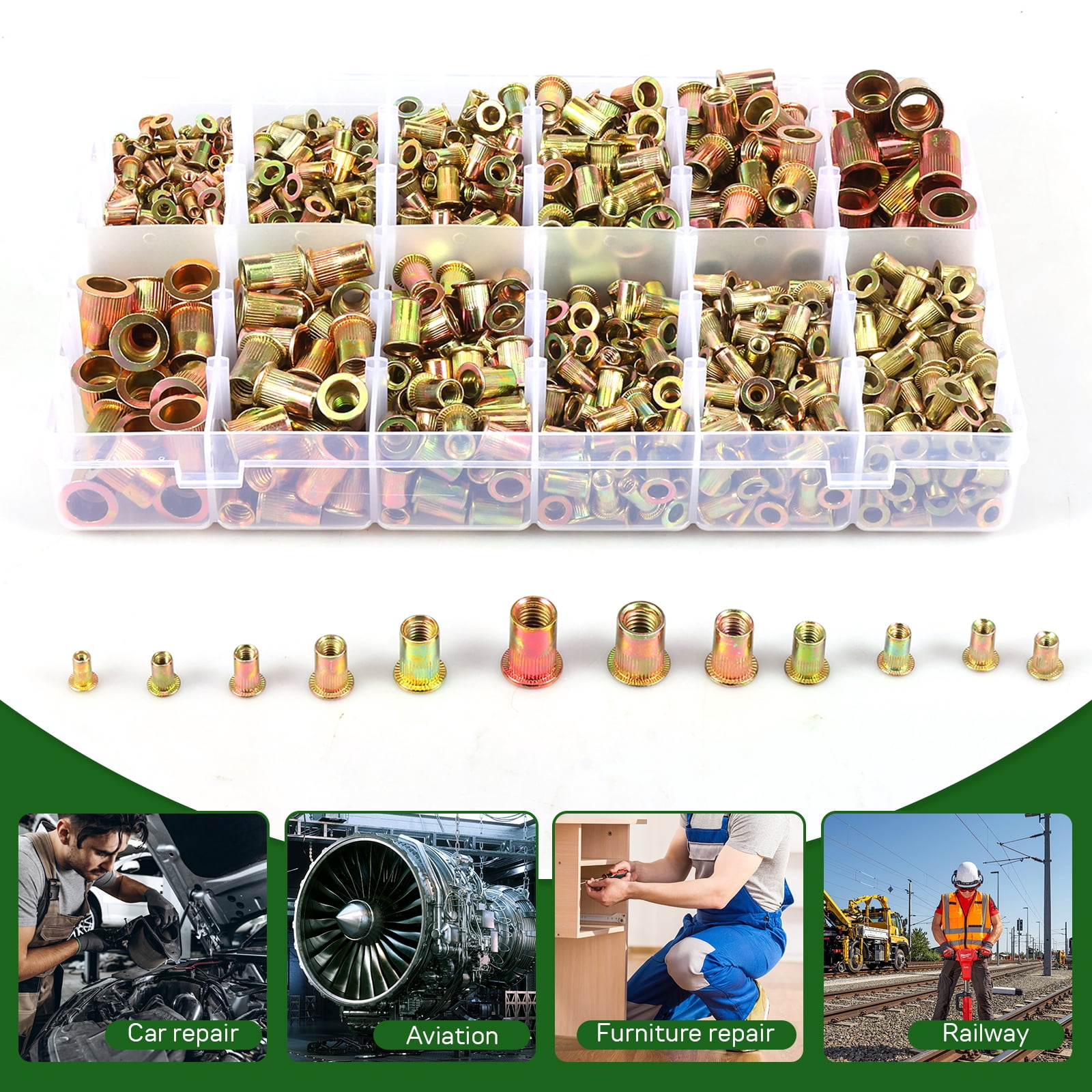 920Pcs Metric SAE Flat Head Rivet Nut Assortment Kit Zinc Plated Carbon Steel M3 to M10 6-32 to 3/8-16 for Hardware Fastening