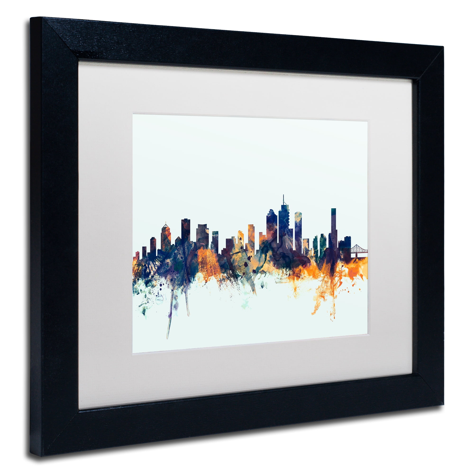 Trademark Fine Art "Brisbane Skyline Blue" Canvas Art by Michael Tompsett, White Matte, Black Frame
