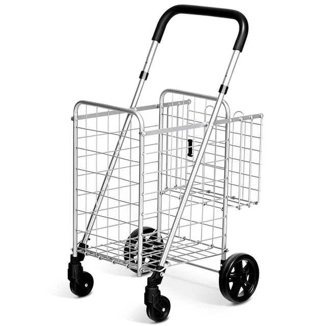 Costway Carro de Compras Plegable Portátil de Doble Cesta Mediano y Ligero de Gran Capacidad Carro Rodante de 4 Ruedas 43 x 52 x 95 cm