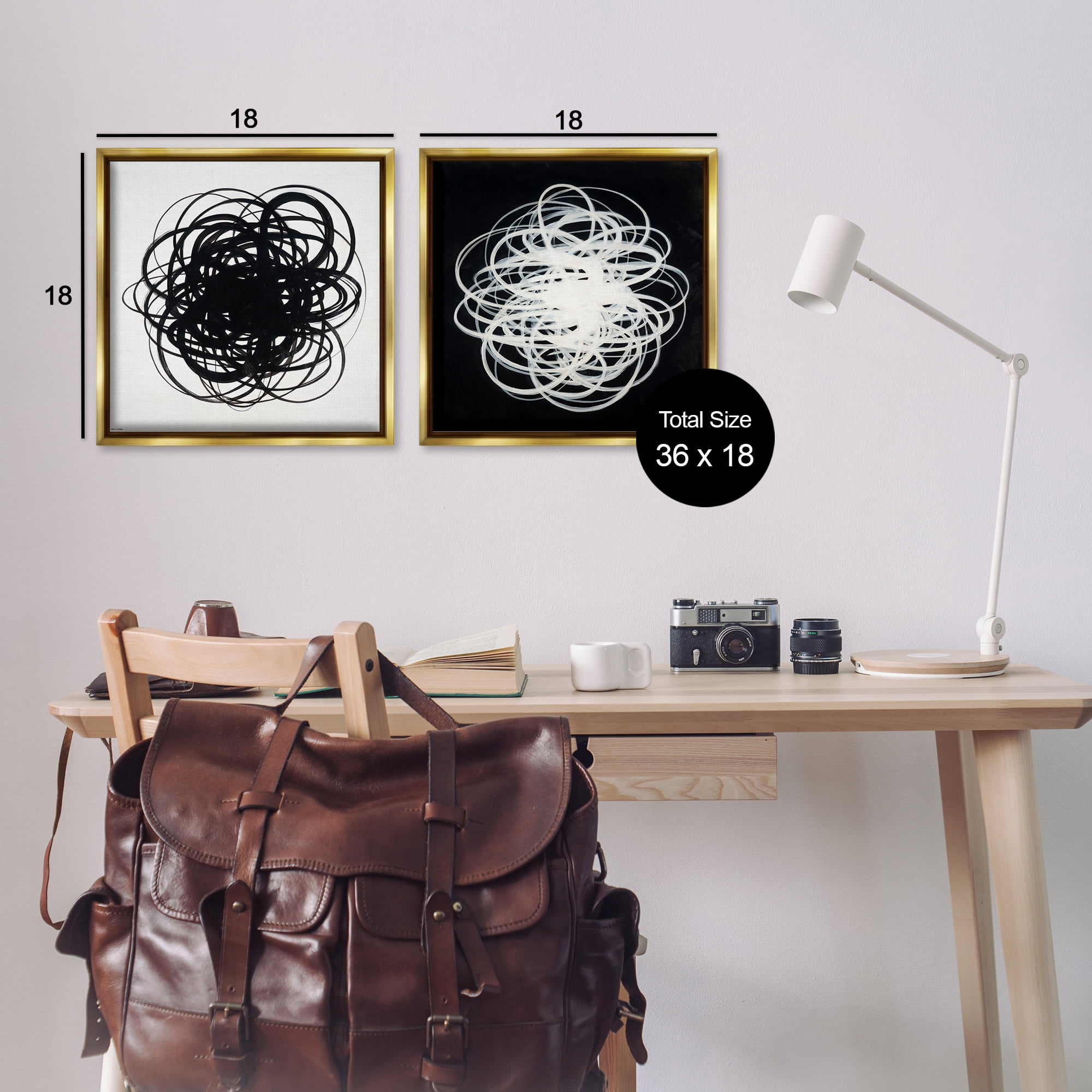 Stupell Industries Black & White Tangled Lines Abstract Painting Gold Floater Framed Canvas Art Print Wall Art, 18 x 18, Set of 2