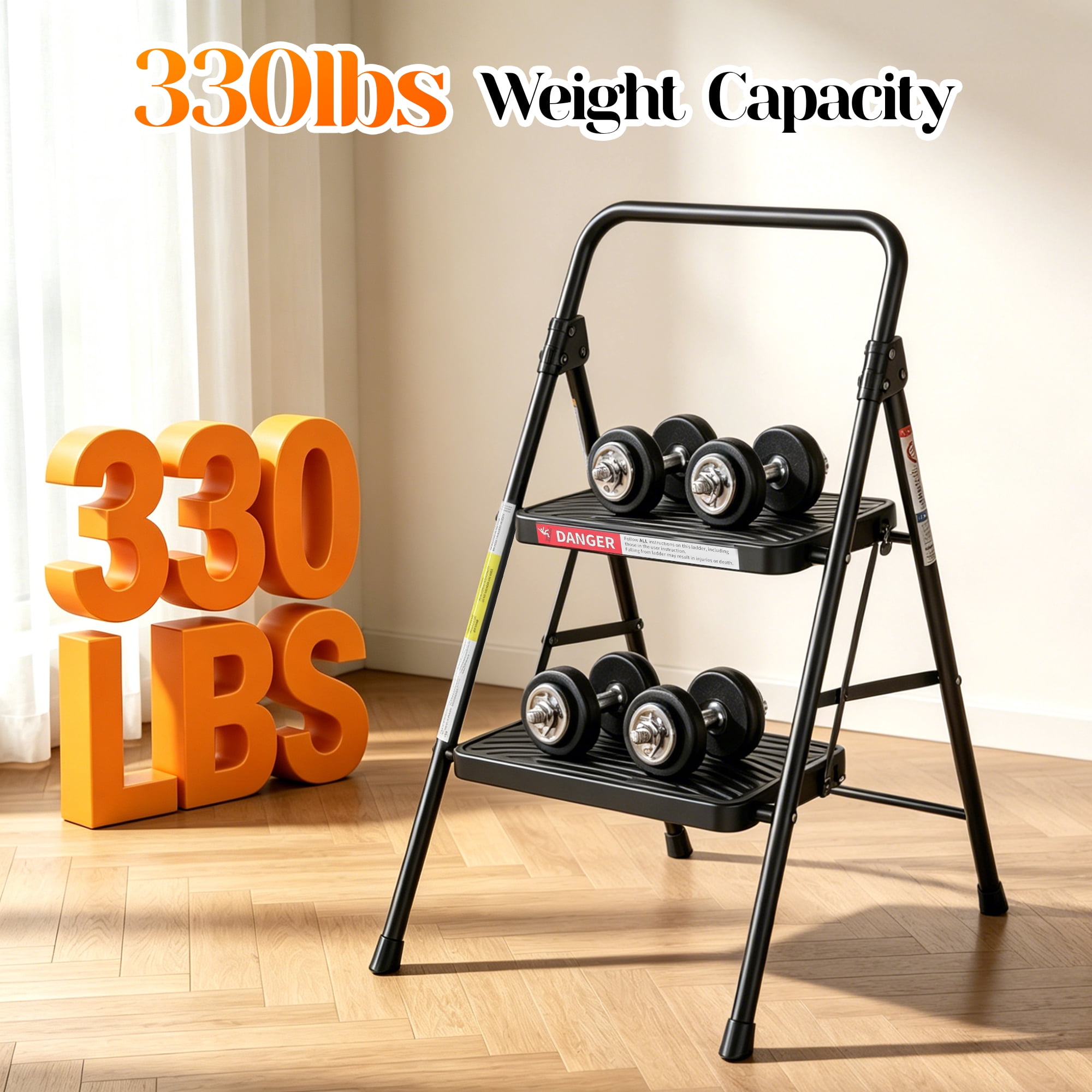 LevLad 2 Step Stool with Anti-Slip Pedal, Foldable Step Ladder, 330lbs Capacity, Protable Heavy Duty Step Stool for Kitchen, Garage & Outdoor Use, Black