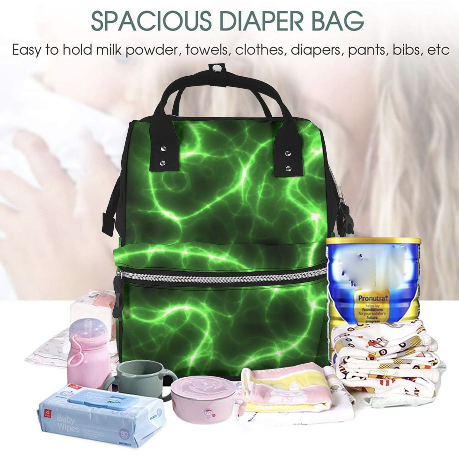 Ratiio Green Lightning Mummy Backpack - Waterproof Twill Canvas, Large Capacity Diaper Bag with Multiple Pockets and Adjustable Straps