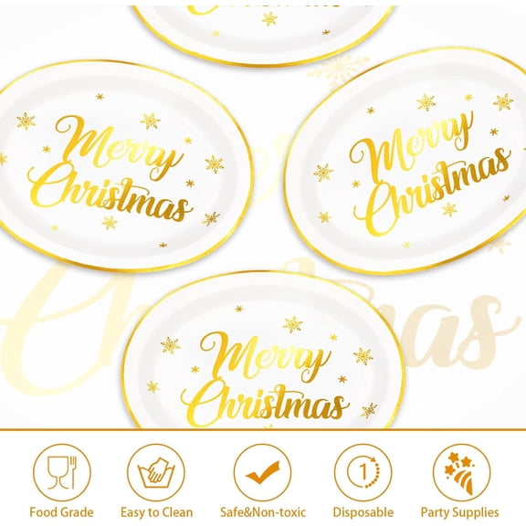 YUYAN-50Pcs Christmas Gold Foil Oval Paper Plates 10" x 12" Large Heavy Duty Merry Christmas Disposable Plates Xmas Holiday Paper Dessert Platters for Winter Snowflake Wedding Dinner Party Table Deco