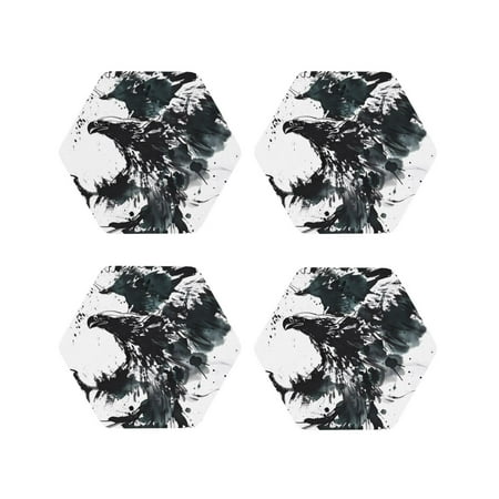 

KLL Drink Coasters Set Hexagon of 4 PU Leather Absorbent Coasters Set Decorative Coffee Cup Coasters Housewarming Gift for Home Decor-Abstract Eagle Ink
