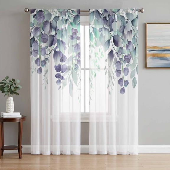 Teal Purple Botanical Semi Sheer Curtains 72 Inch Length 2 Panels Set, Eucalyptus Leaves Watercolor Spring Sheer Kitchen Curtain Privacy Voile Window Curtain for Living Room Bedroom Rod Pocket Drapes