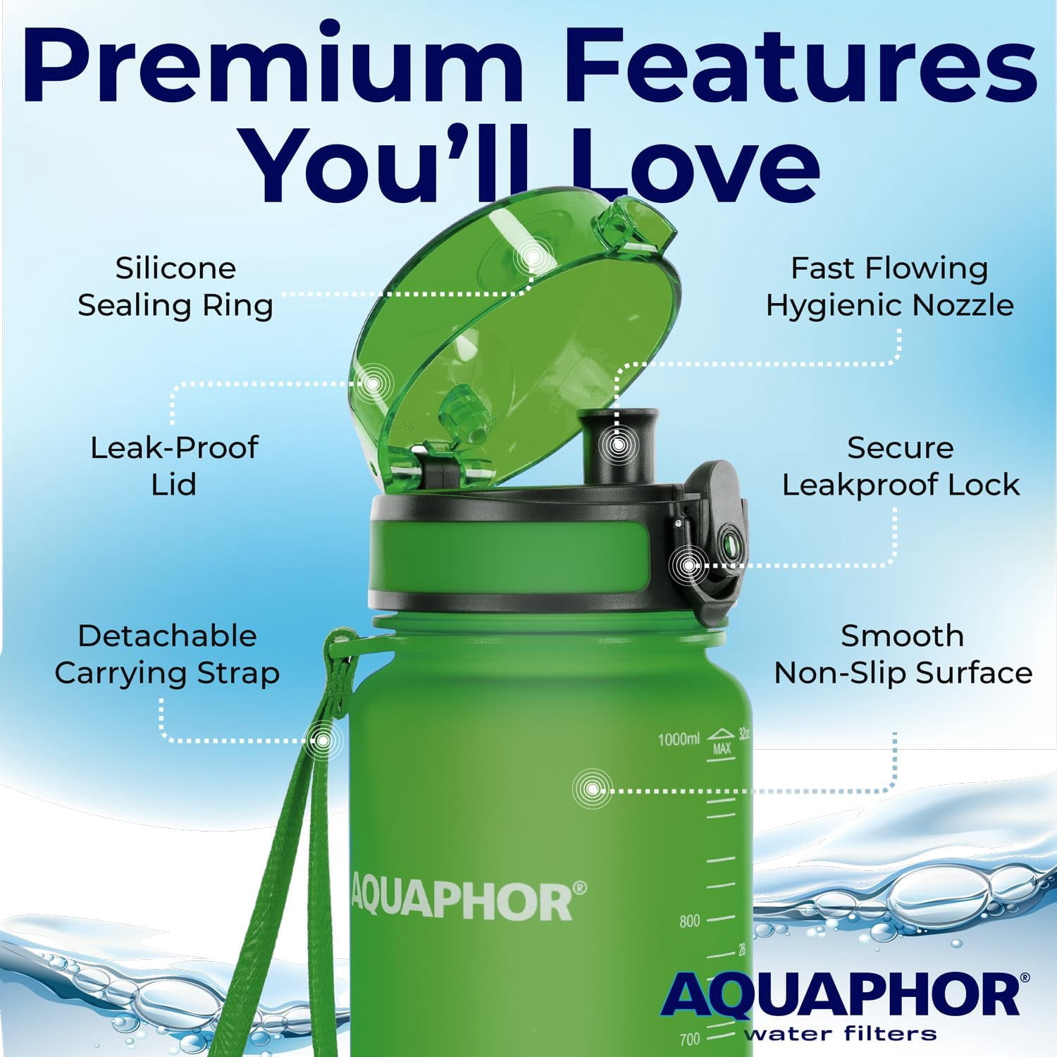 JJEAN-Filtered Water Bottle, Leakproof, BPA-Free, Motivational Markings, Travel, Everyday Use. 40-Gallon Filter, Replaces 300 Plastic Water Bottles. Includes 1 Filter, 22 FL Oz, Green by Aquaphor