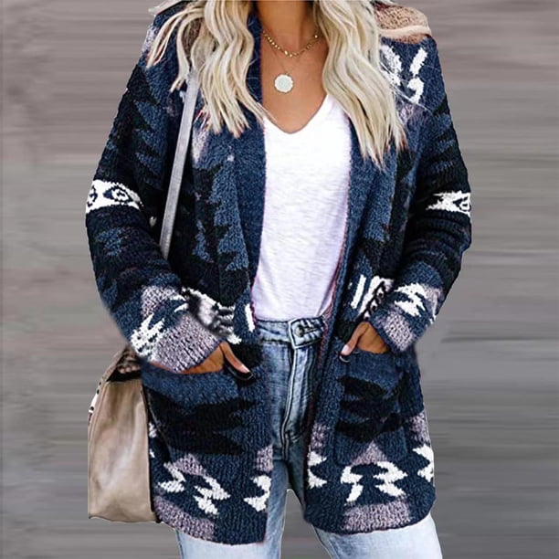Chaquetas y abrigos casuales de manga larga sin capucha para mujer, con estampado étnico, cuello en V, manga larga, con capucha, abrigos casuales finos, top de poliéster para mujer