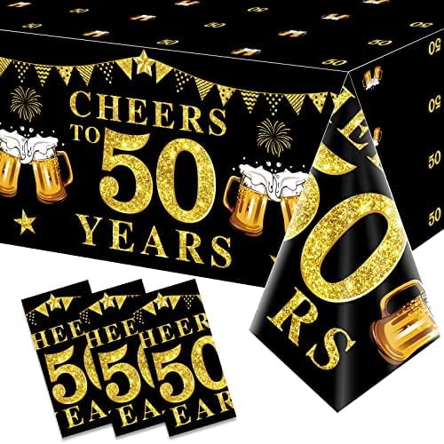 3 Pack Black Gold 50th Birthday Tablecloth Decorations for Men Women, Cheers to 50 Years Table Cover Party Supplies, Fifty Years Old Birthday Anniversary Disposable Table Cloth Decorations