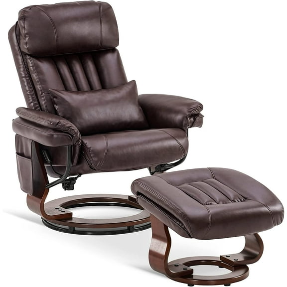 Mcombo Reclining Chairs with Ottoman, 360 Degrees Swivel Recliners with Massage, Faux Leather Ergonomic Lounge Chairs for Living Room Bedroom 4999(Dark Brown)