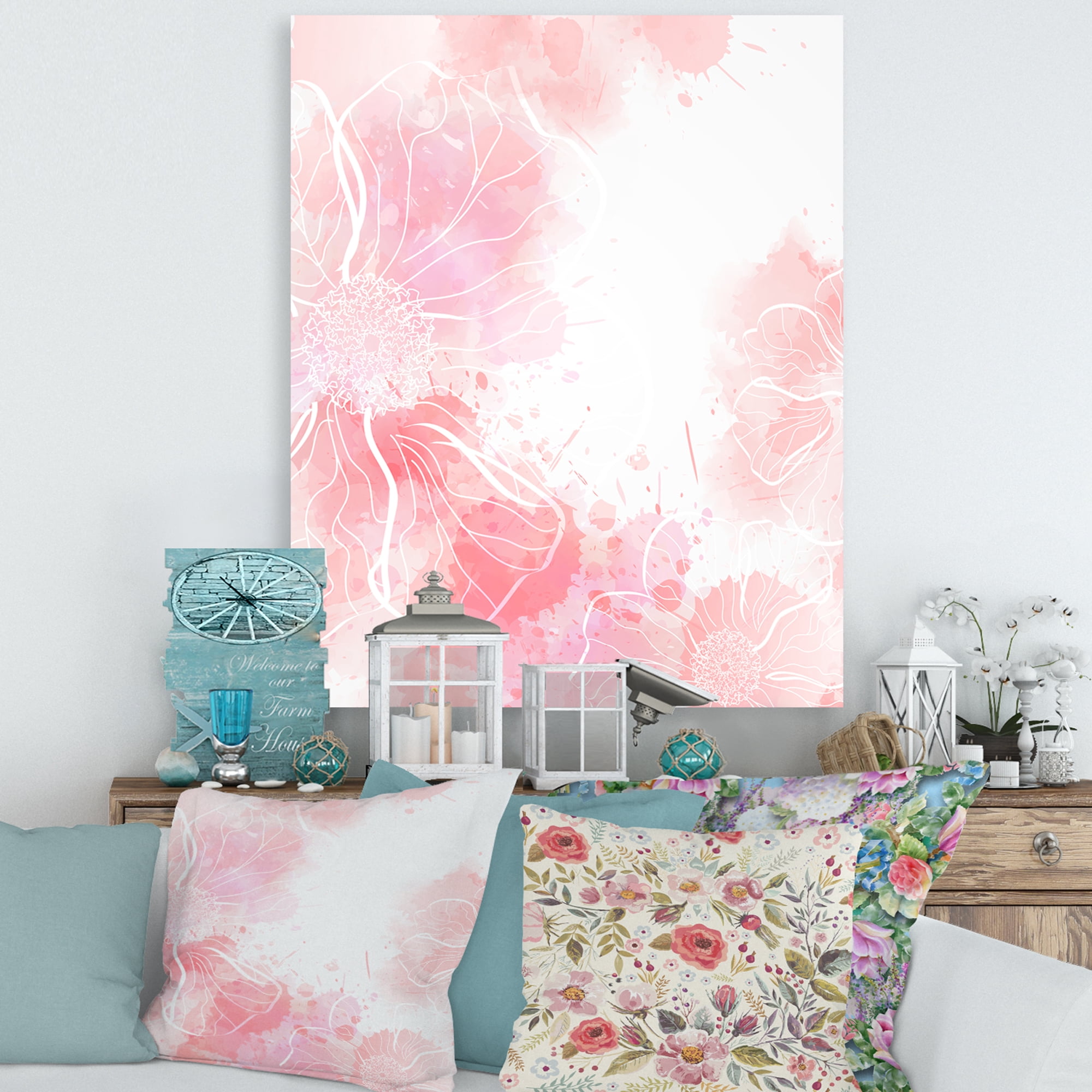 Designart ' Abstract Splashes of Pink Flowers I ' Modern Canvas Wall Art Print