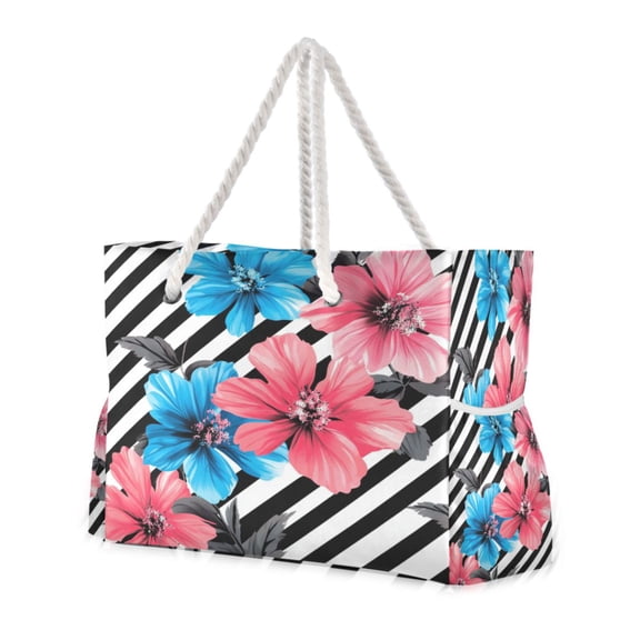 DIXRUYEE Beach Cooler Travel Tote Bags Beach Bag Fashion Tropical Hibiscus Duo Printed