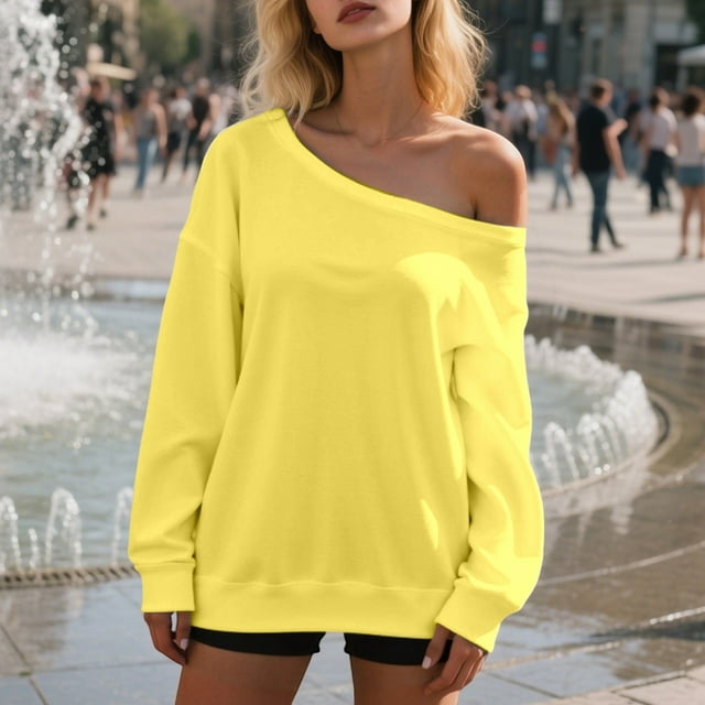 Women's Off Shoulder Sweatshirt Casual Long Sleeve Pullover Tops for Daily Wear Comfortable Soft Stretchy Pure Color Loose Fit Spring Fall Winter Fashion Hoodies plus Size Baggy Shirt Apparel